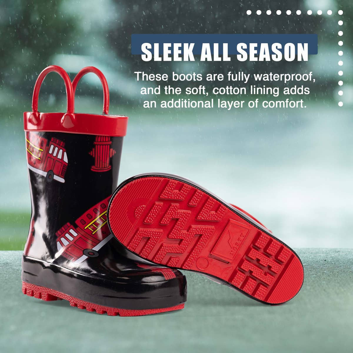 Norty New Waterproof Rain Boots 40742 Black Firetrucks