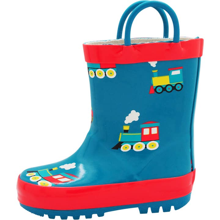Norty New Toddlers Little Big Kids Waterproof Rubber Rain Boots 40932 Teal Trains