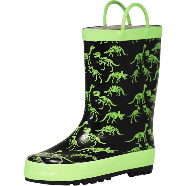 Norty Toddlers Big Kids Waterproof Rubber Rain Boots 42024 Green Dino Skeletons
