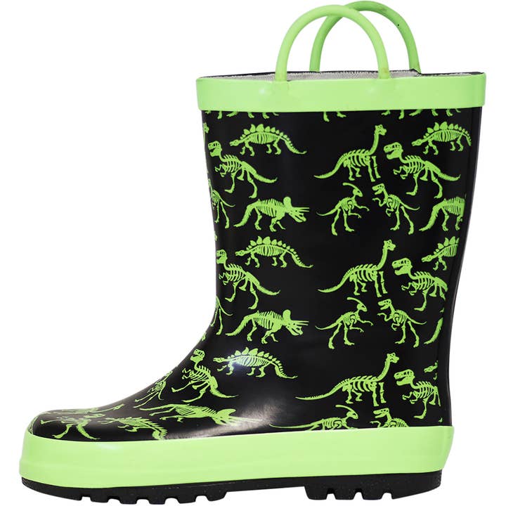 Norty Toddlers Big Kids Waterproof Rubber Rain Boots 42024 Green Dino Skeletons