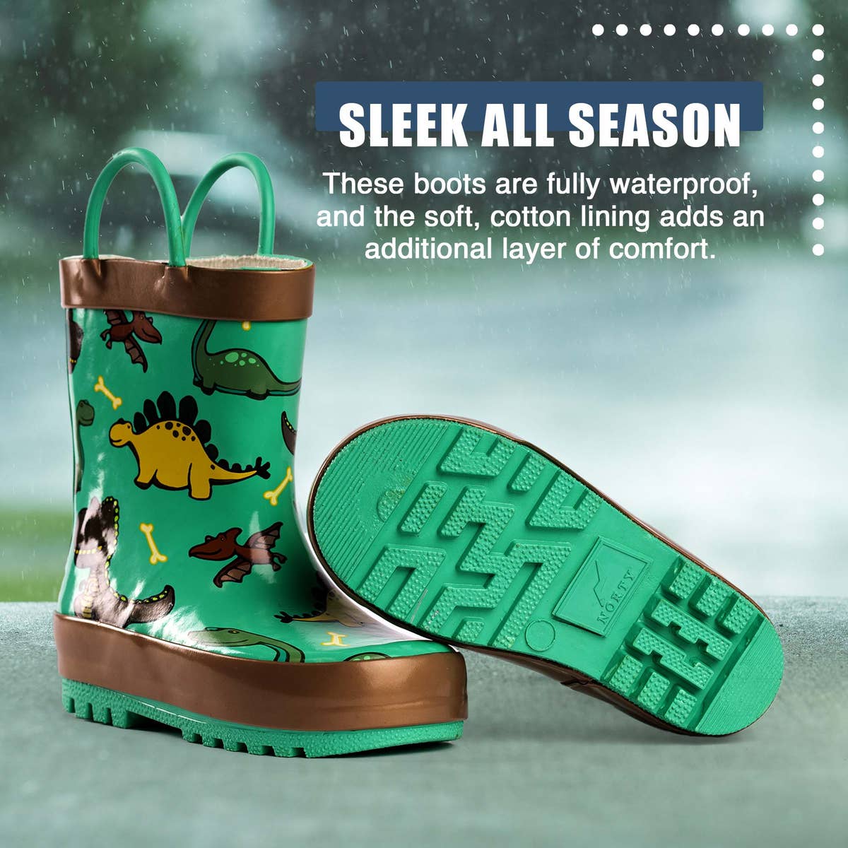 Norty Waterproof Rubber Rain Boots 40555 Green Dinosaurs
