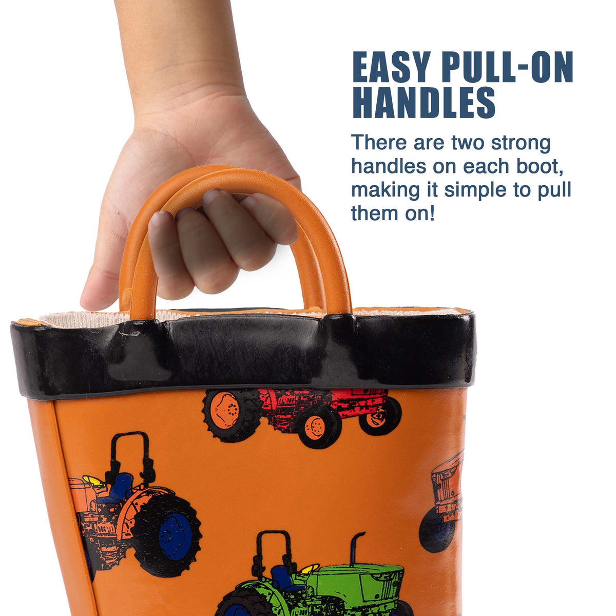 Norty rain boot - Brown Tractor, easy pull-on handles