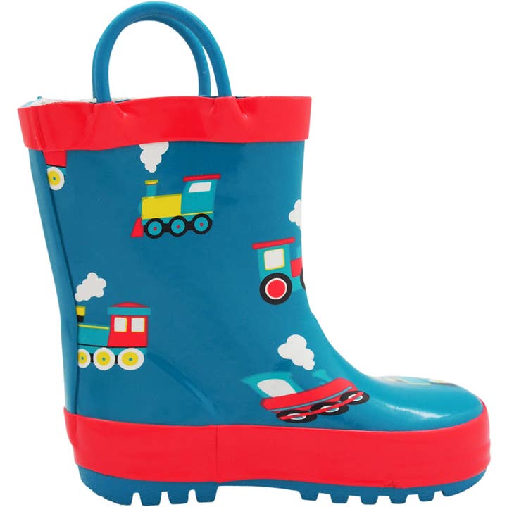 Norty New Toddlers Little Big Kids Waterproof Rubber Rain Boots 40932 Teal Trains
