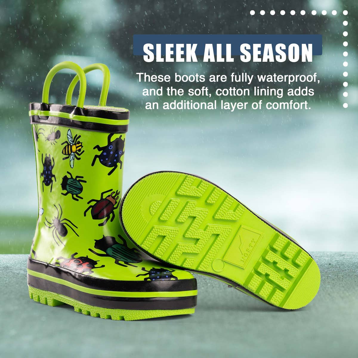 Norty Waterproof Rubber Rain Boots 40553 Green Bugs