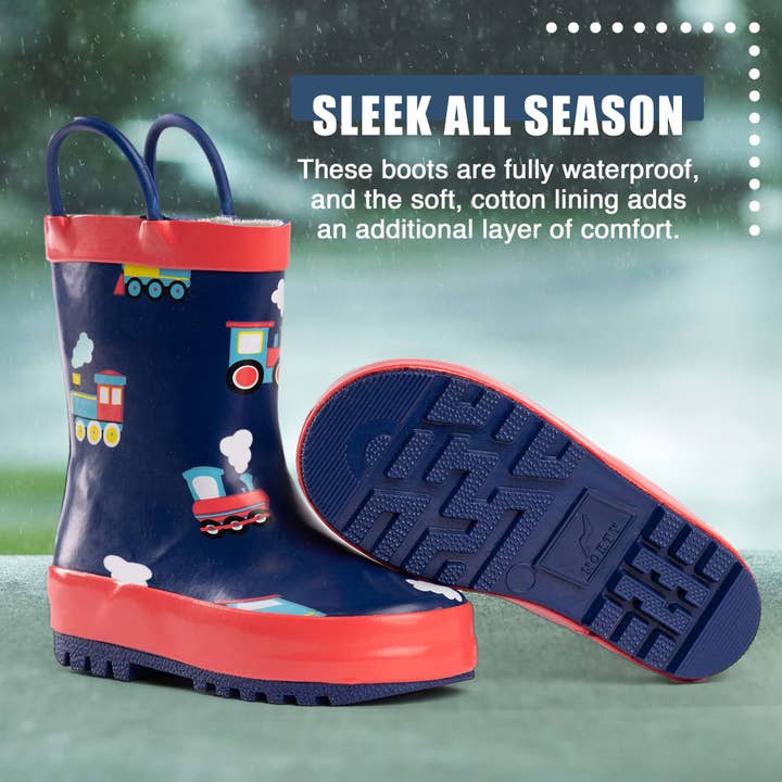 Norty New Toddlers Waterproof Rubber Rain Boots 40927 Navy Trains