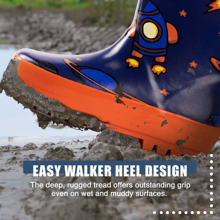 Norty Toddlers Waterproof Rubber Printed Rain Boots 40136 Blue Rocket Ships