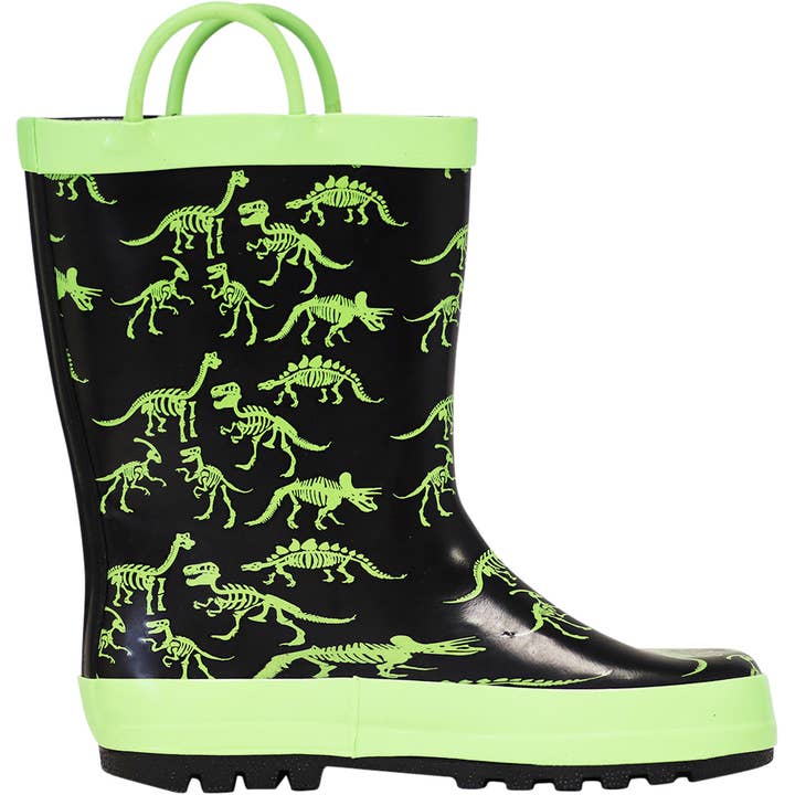 Norty Toddlers Big Kids Waterproof Rubber Rain Boots 42024 Green Dino Skeletons