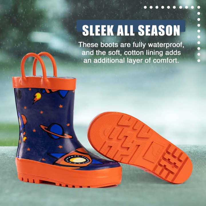Norty Toddlers Waterproof Rubber Printed Rain Boots 40136 Blue Rocket Ships