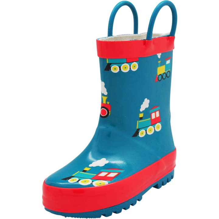 Norty New Toddlers Little Big Kids Waterproof Rubber Rain Boots 40932 Teal Trains